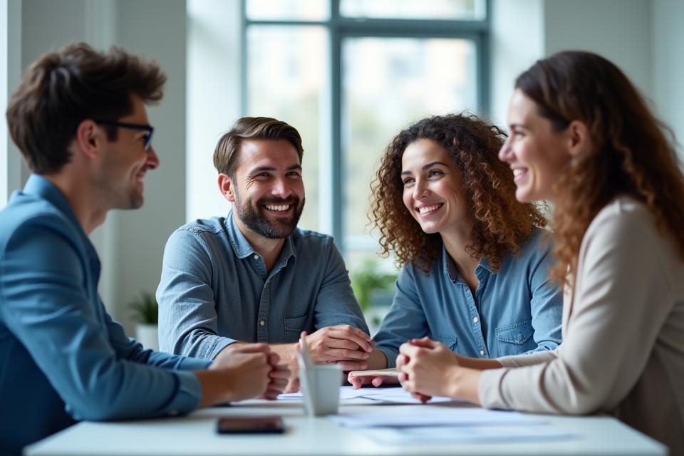 Compass North Talent team members engaged in a collaborative discussion in a bright, modern office, showcasing a values-driven culture.