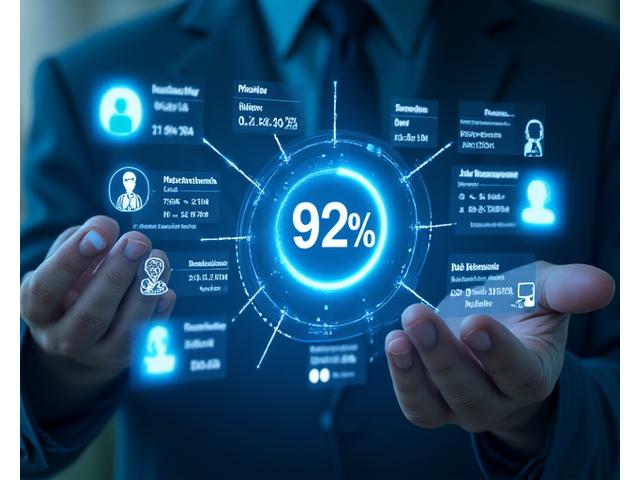 Close-up of a screen displaying a candidate matching algorithm with a 92% accuracy dial